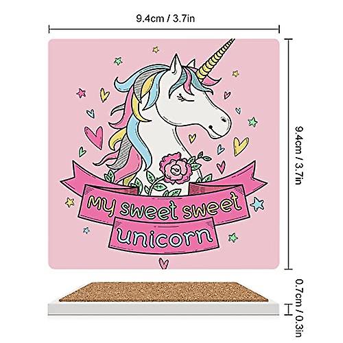 Colourlife Square Drink Coasters 6 Pcs Cute Unicorn Flowers On Pink Absorbent Ceramic Coffee Coasters For Drinks With Cork Base Housewarming Gift For