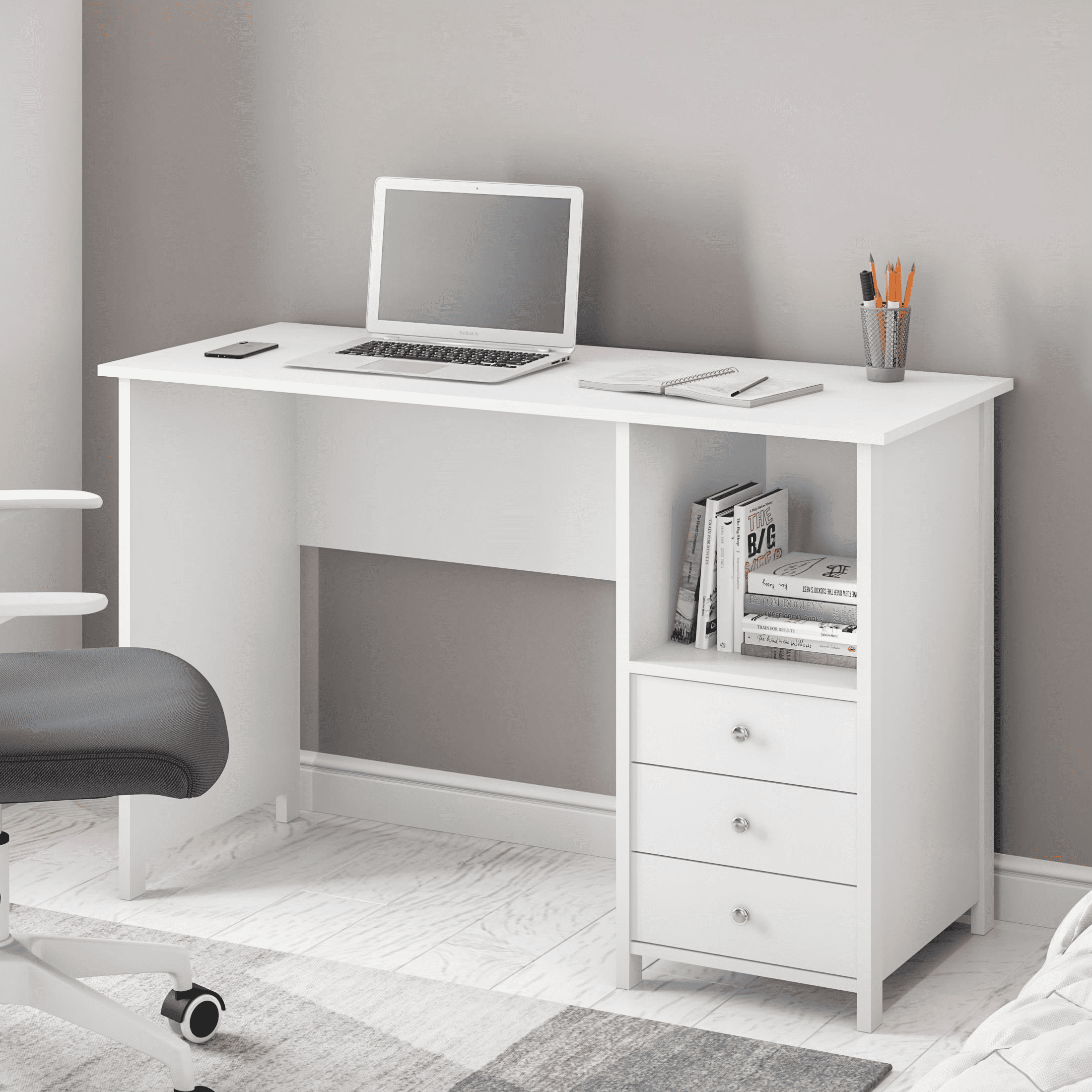 Techni Mobili Contemporary Desk with 3 Storage Drawers, White