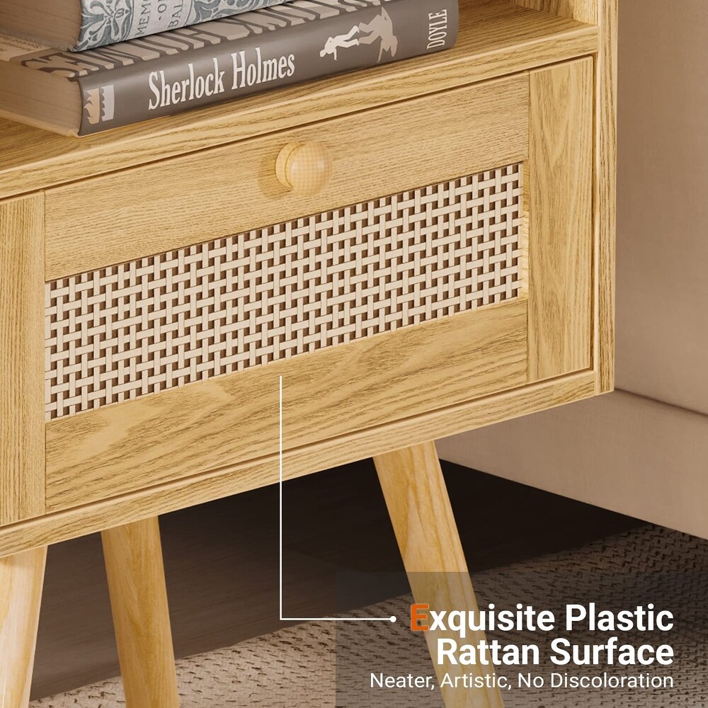 Nightstand with Charging Station   Rattan Like Decor Drawer  Rattan End Table with Solid Wood Feet  Bed Side Table