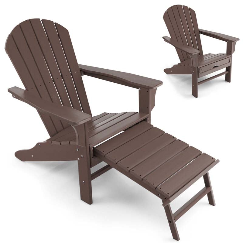 HDPE Adirondack Chair with Retractable Ottoman, Outdoor Chaise Lounge Chair for Lawn Pool Deck