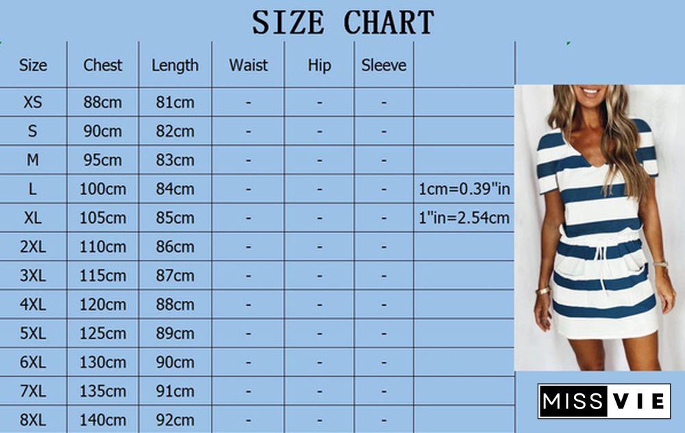 Xs-8Xl Summer Dresses Plus Size Fashion Clothes Women's Casual Short Sleeve T-Shirt Dresses Striped Printed Party Wear Mini Dress Ladies V-Neck Lace Up Pocket Dress Beach Wear Cotton Blending Loose Short Dress