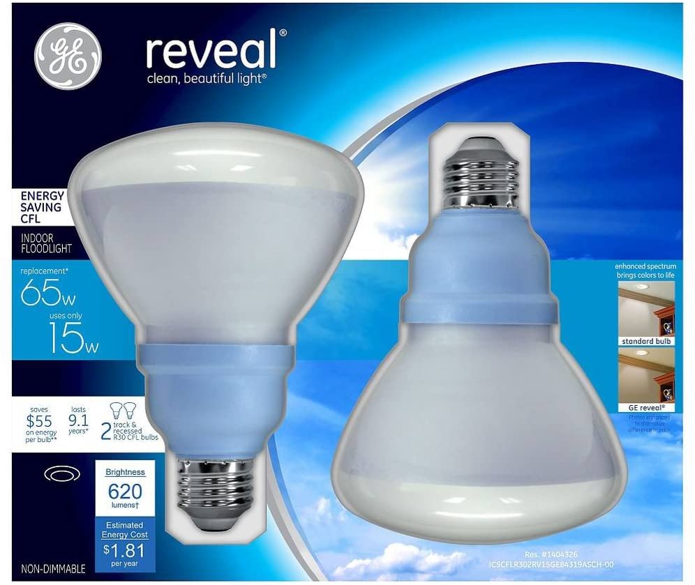 (2 pack) GE 84319 reveal Energy Saving CFL 65 watt equivalent， 620 lumens Indoor Flood Light