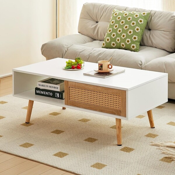 Mid Century Modern Coffee Table with Storage，41.3 Inch Rectangle Wooden Accent Center Tables.