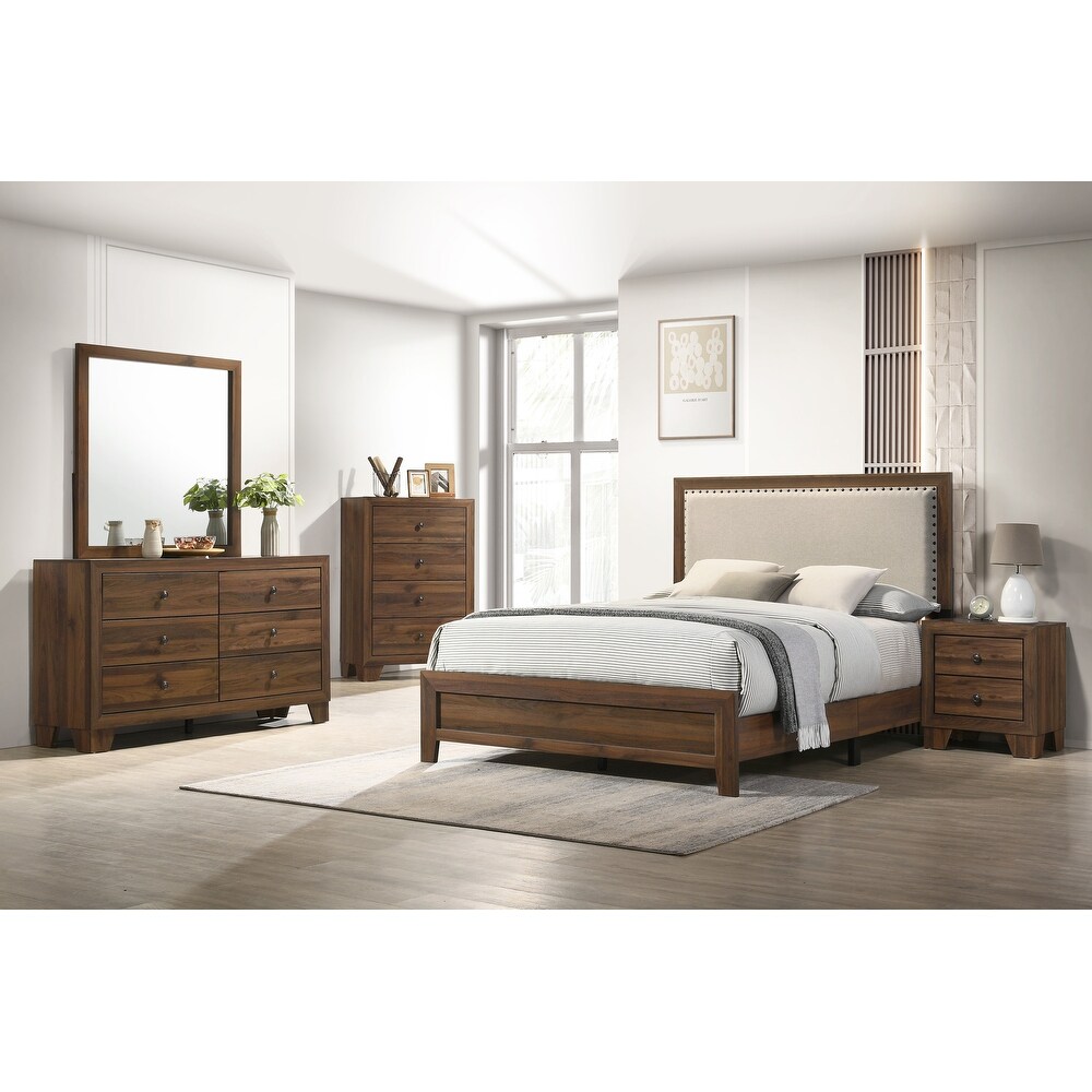 Linette 4 Piece Brown Contemporary Solid Wood And Veneers Fabric Panel Upholstered Bedroom Set