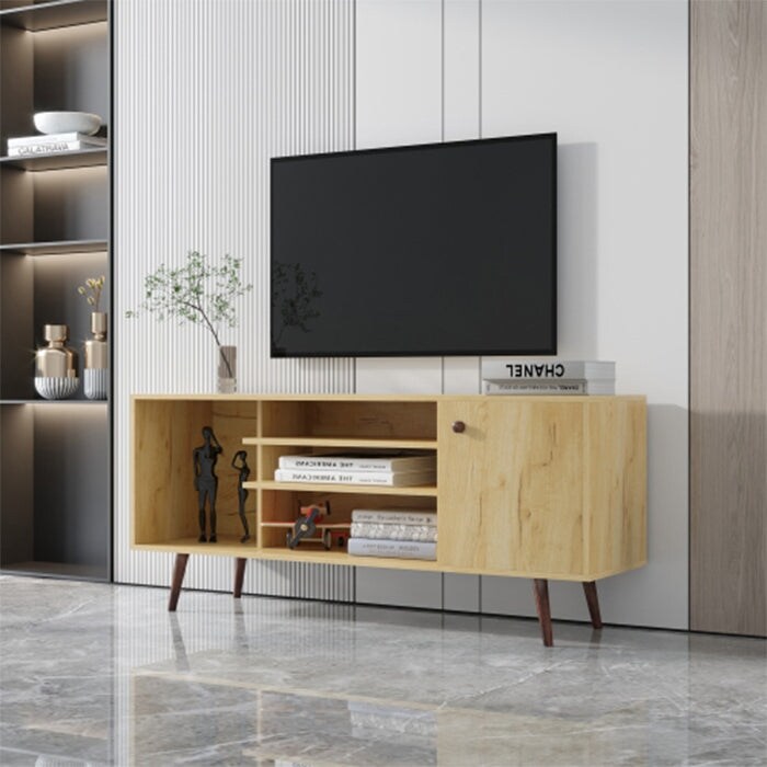 55 inch modern TV stand Mid century TV console with open storage shelves and OAK finish