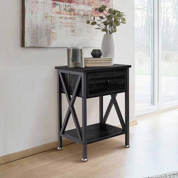 End Table/Side Table with Drawer and Open Storage Shelves and X Side Structure， Nightstand，Table for Bedroom Living Room