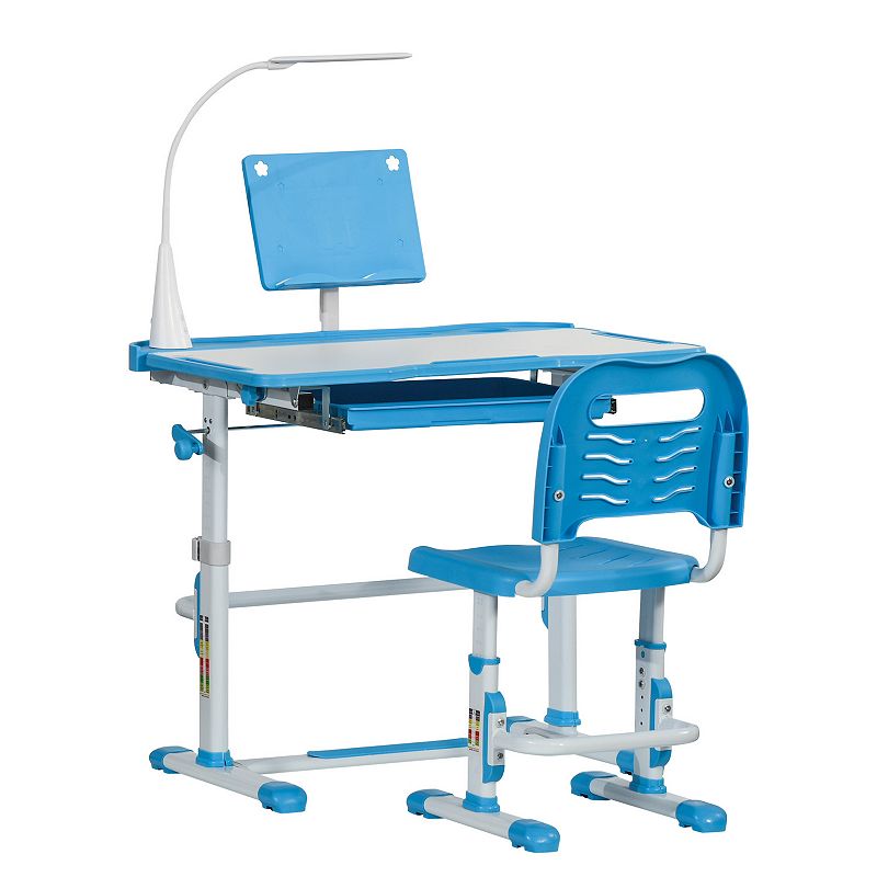 Qaba Kids Desk and Chair Set Height Adjustable School Study Table and Chair Student Writing Desk with Tilt Desktop LED Lamp Pen Box Drawer Reading Board Cup Holder and Pen Slots Blue