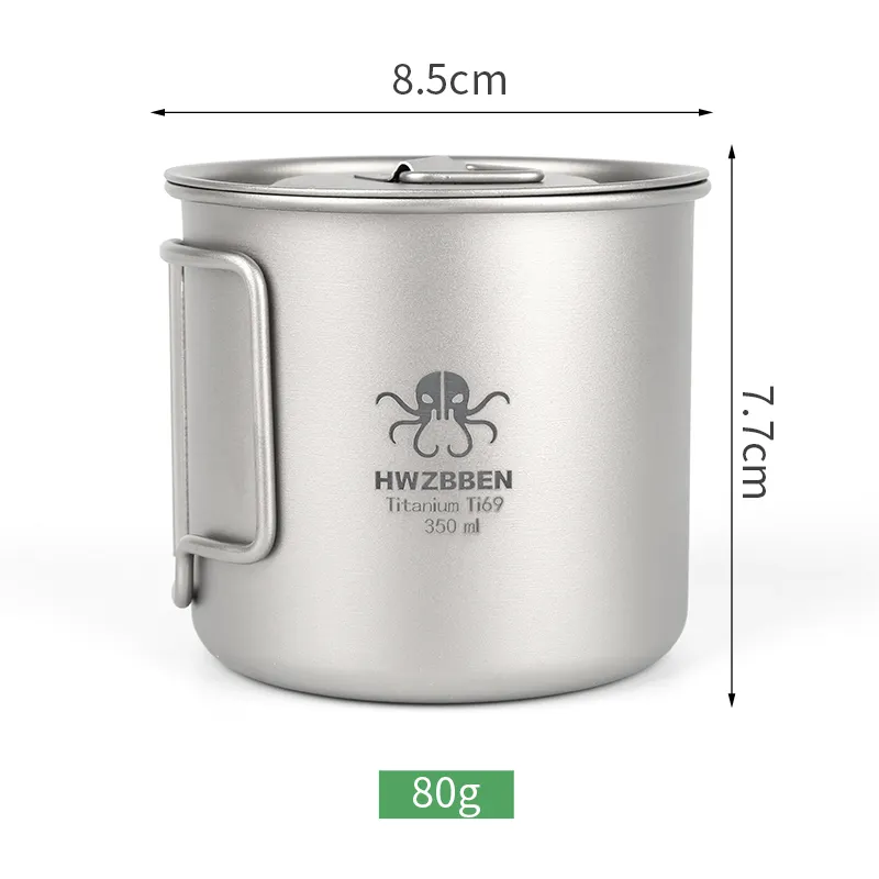 High quality Titanium Cup Camping Mug Foldable Handle Titanium Pot With Lid Single Wall Mug 350ml Cover Holder