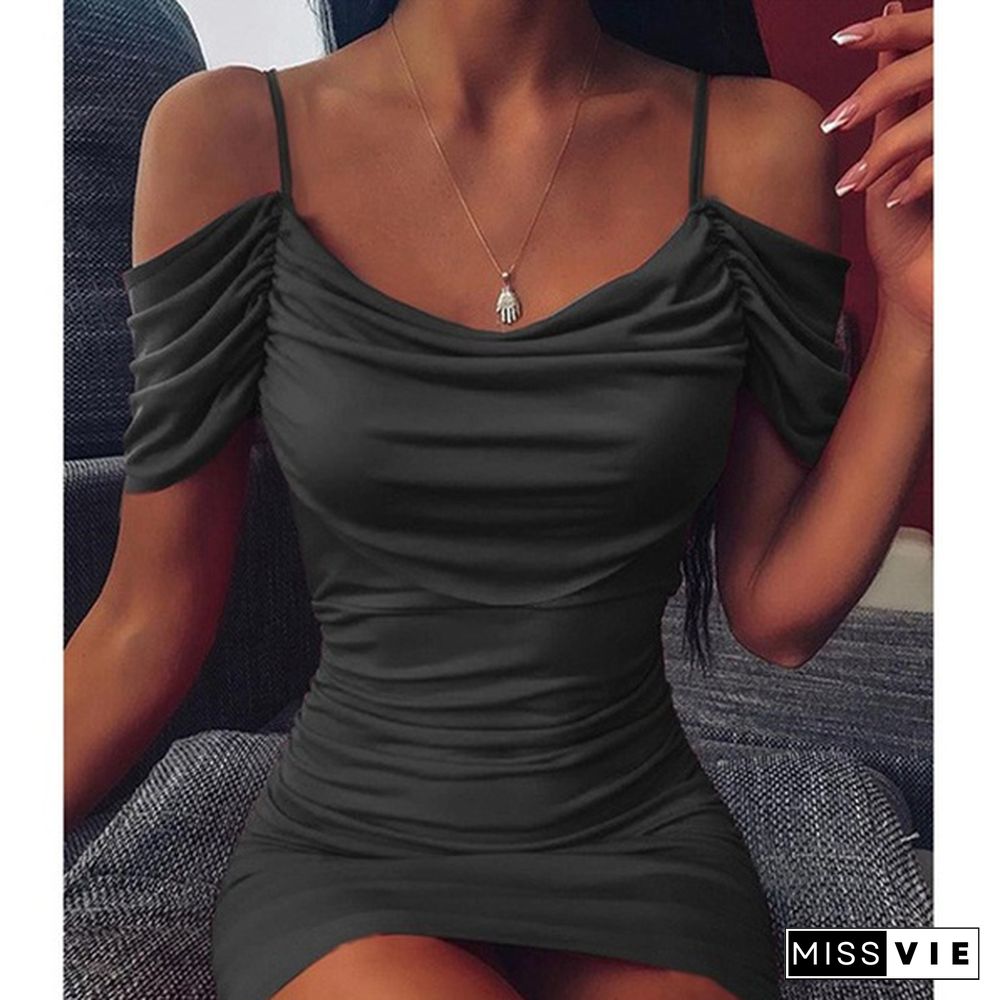 Women's Fashion Spaghetti Strap Cold Shoulder Silk Dress Short Sleeve Bodycon Pencil Dress Ladies Solid Color Nightclub Party Mini Dresses