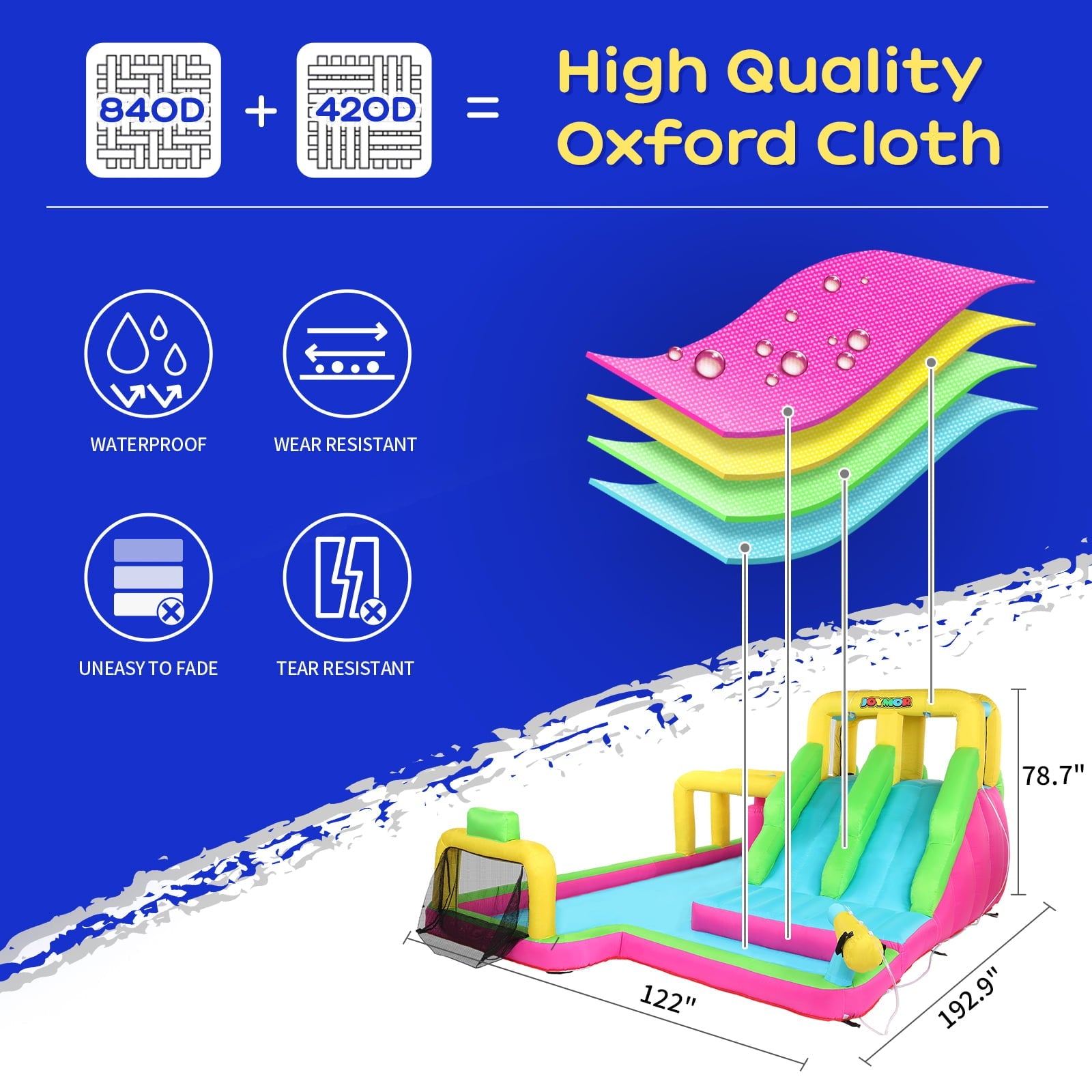 JOYMOR 6-in-1 Inflatable Double Water Slide Park for Kids Backyard, Bounce House w/ Obstacle Crossing, Ball Net, Climbing Wall, Water Gun, Bouncer Castle Outdoor Playhouse (Included Blower)