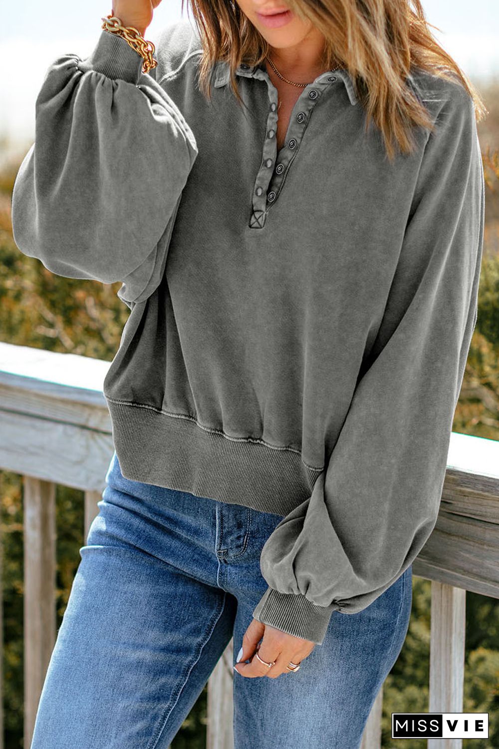 Gray Washed Snap Buttons Lantern Sleeve Pullover Sweatshirt