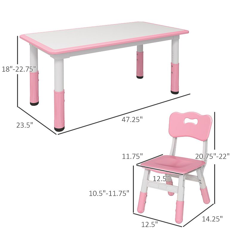 Qaba Kids Table and Chair Set with 4 Chairs， Adjustable Height， Easy to Clean Table Surface， for 1.5 - 5 Years Old