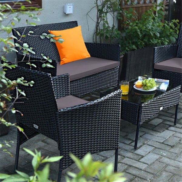 4 Pieces Patio Rattan Cushioned Sofa Set with Tempered Glass Table - Overstock - 37909378