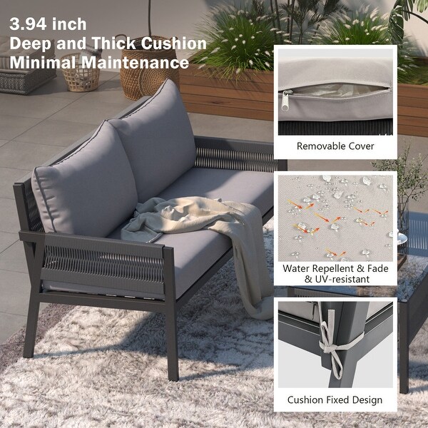 4Piece Patio Conversation Set with Tempered Glass Table，Outdoor Loveseat Chair Set with Thick Cushion for Backyard，Grey