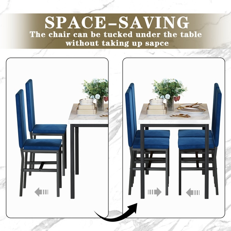 Grondin Modern Style Faux Marble Top 5 Piece Casual Dining Set with 4 Velvet Upholstered Dining Chairs