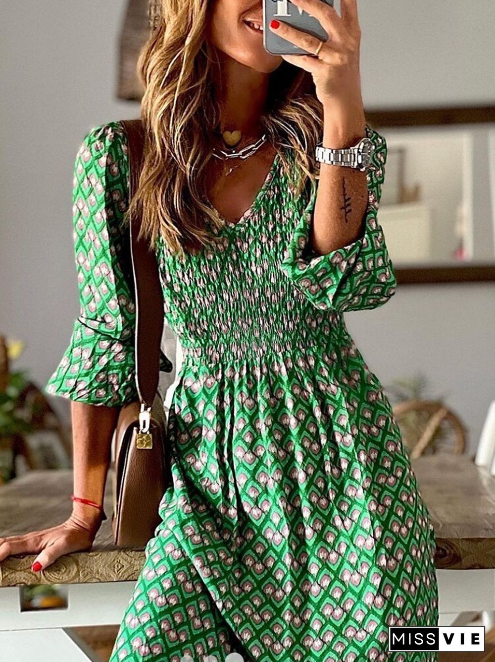 Women Fashion Pattern Printed Long Beach Dresses Female Casual Half Sleeve V-Neck Dress New Summer Elegant Loose Maxi Dress