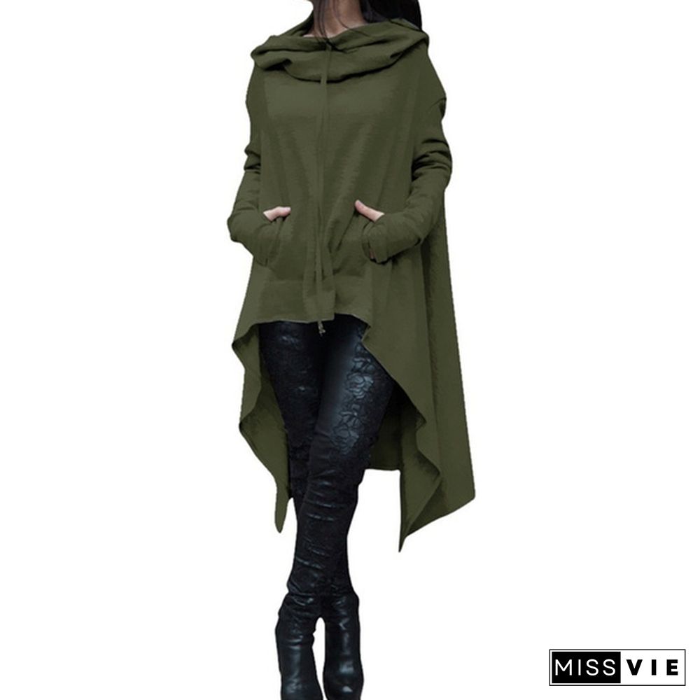 Womens Solid Color Draw Cord Coat Long Sleeve Loose Casual Long Hoodies Sweatshirts Poncho Coat Hooded Pullover