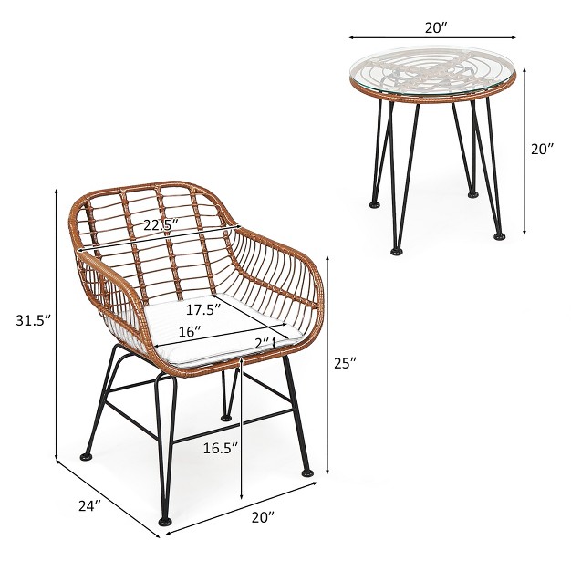 Costway 3pcs Patio Rattan Bistro Set Coffee Table Armchair Garden