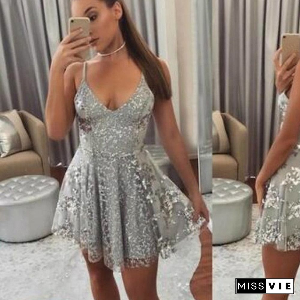 Summer Fashion Women Wedding Dress Silver Sequin Lace V Neck Tulle Dresses Short Prom Gowns