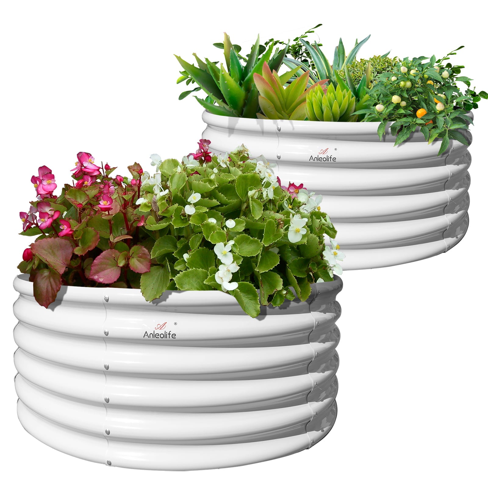 2 Pack-4Ft Round Galvanized Raised Garden Bed, 18” Tall Above Ground Modular Metal Planter Boxes Outdoor For Vegetables Flowers Herbs, Anti-Rust & Easy-Setup Antique White