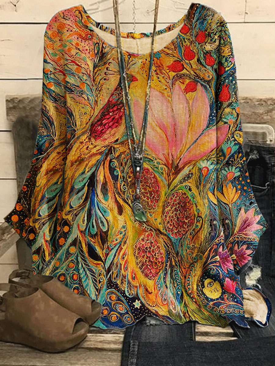 Round Neck Casual Loose Peacock Floral Print Long Sleeve Blouse