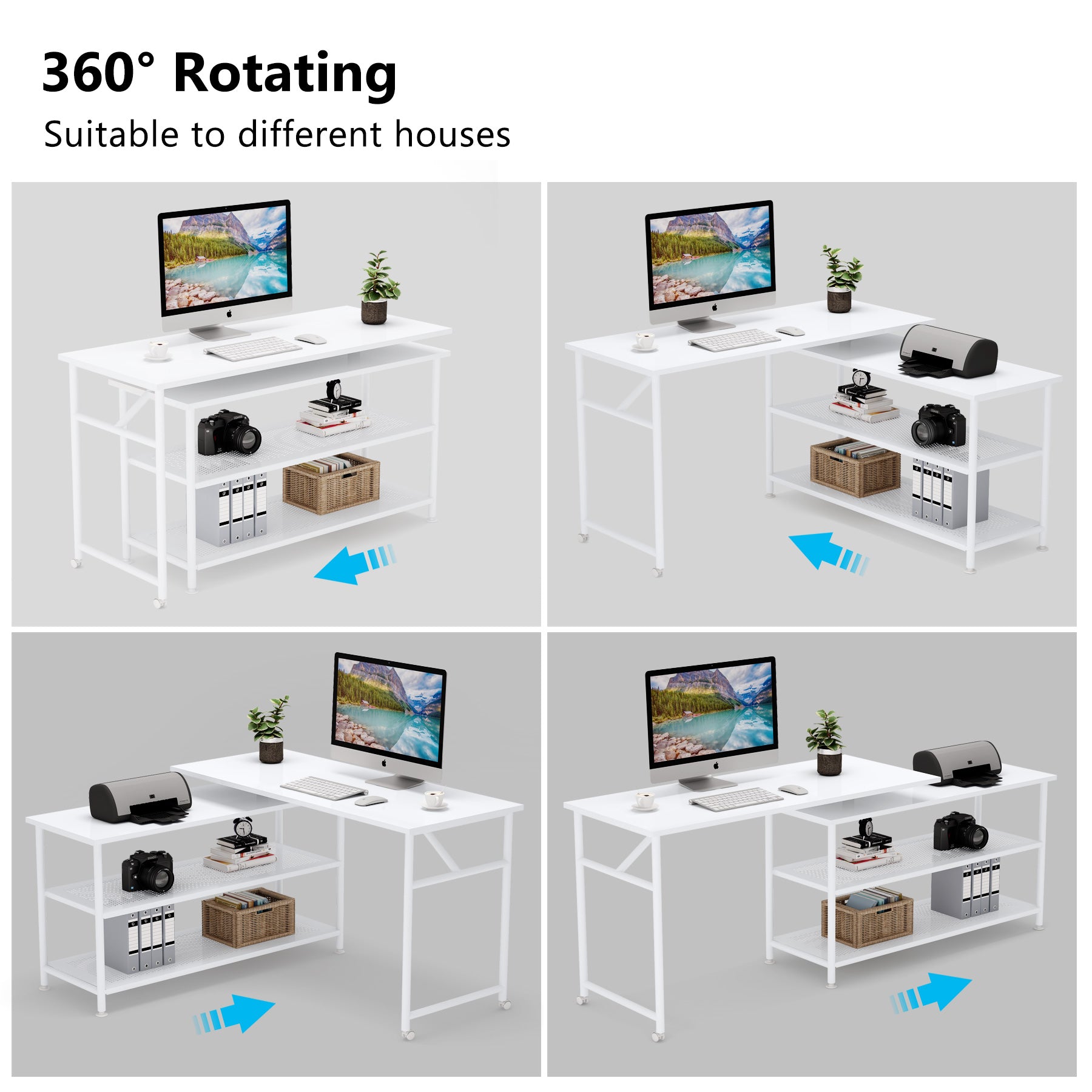 360° Rotating Desk, Modern L-Shaped Desk with Storage Shelves