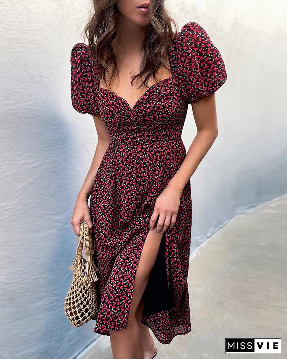 Floral Print Puff Sleeve Slit Midi Dress P11898