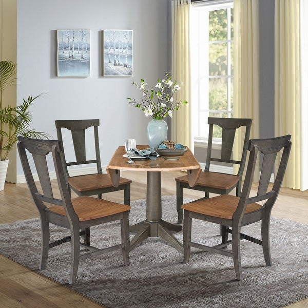 42 in. Round Dual Drop Leaf Dining Table with 4 Panel Back Chairs in Hickory/Washed Coal - 5 Piece Set