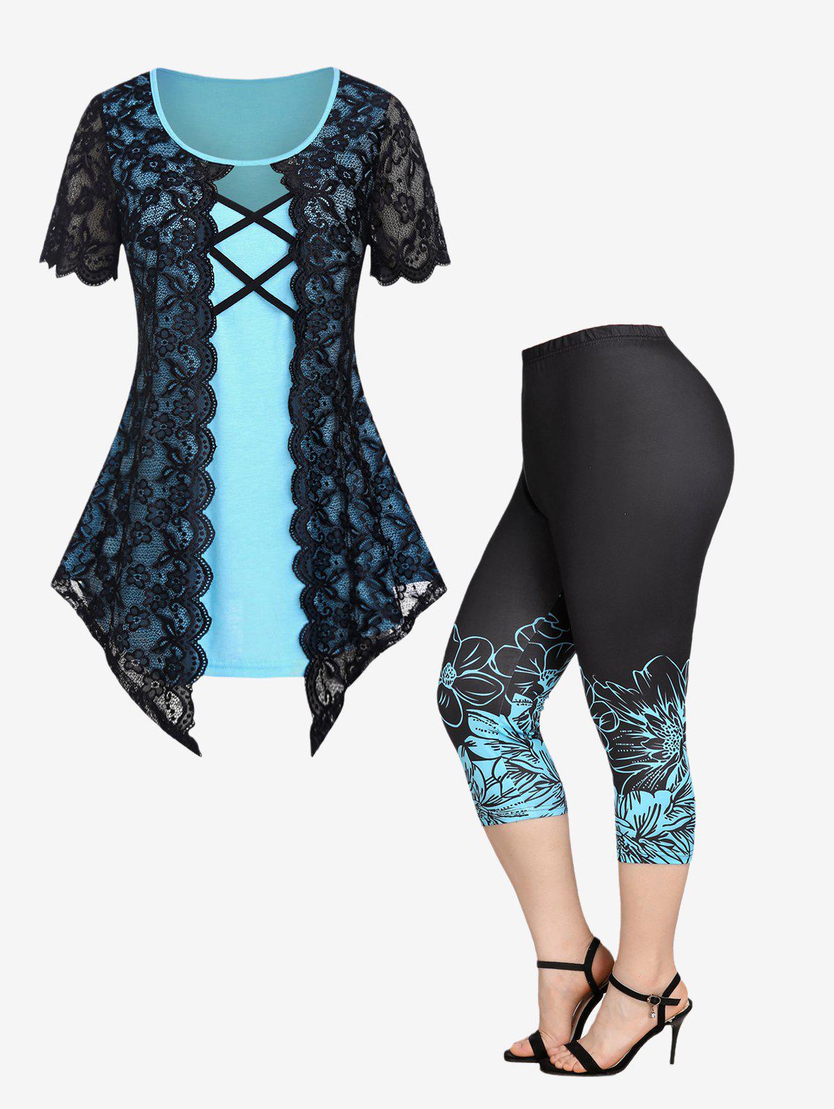 Chains Cowl Front Ruched Tee and Floral Capri Leggings Plus Size Summer Outfit