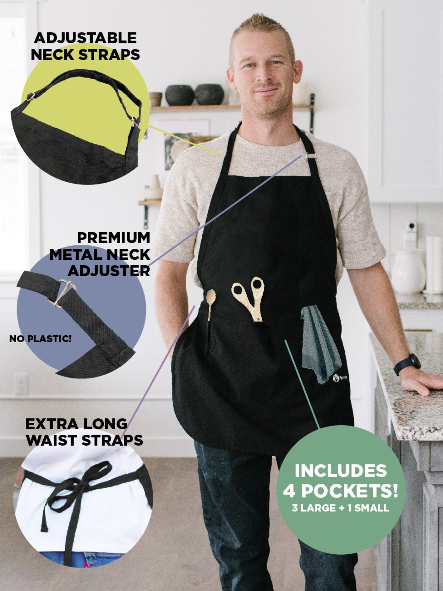 ApronMen, Funny Aprons For Men - Kiss the Cook - 100% Cotton with Pockets - Black