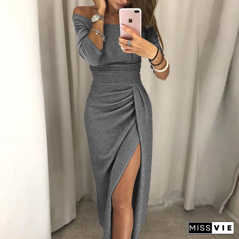 Formal Dress Women Elegant Long Sleeve Evening Party Dress New Solid Off Shoulder Women Dresses Sexy Club Dresses Roupa Feminina