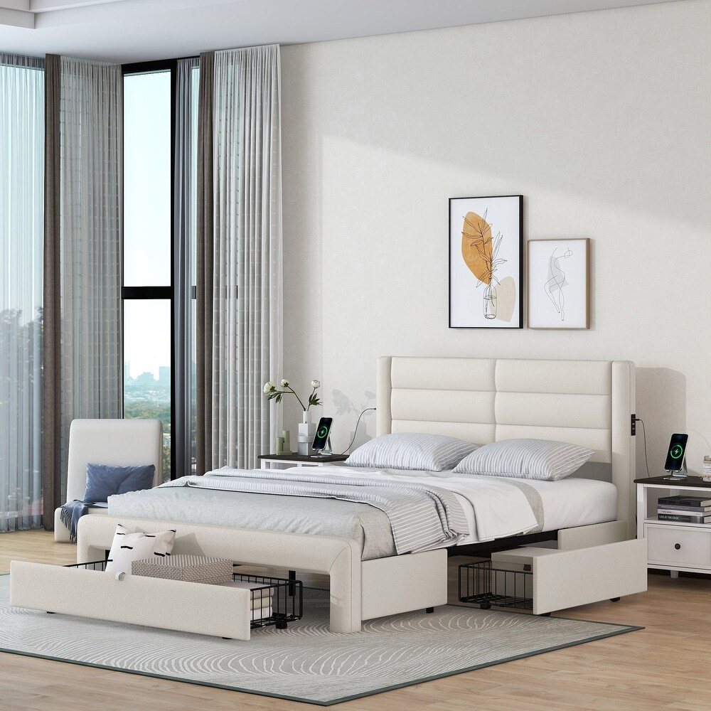 Queen Size Platform Bed Frame with Drawers Storage  Leather Upholstered Platform Bed Frame with Charging Station