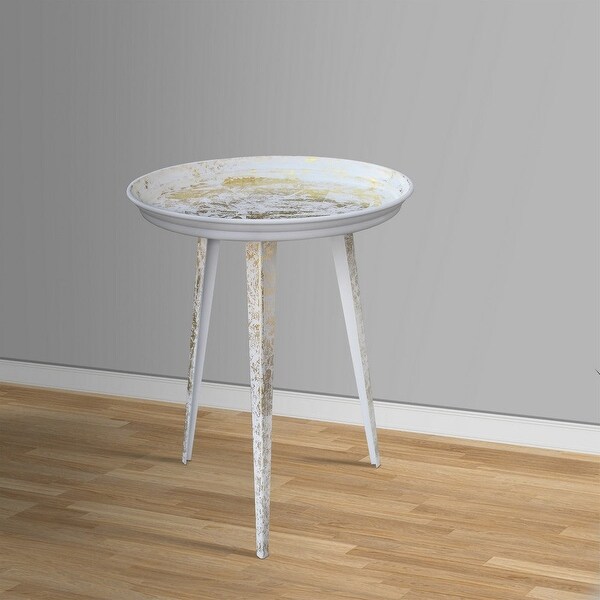 20 Inch Artisanal Industrial Round Tray Top Iron Side End Table， Tripod Base， Distressed White， Gold - 20 H x 16 W x 16 L