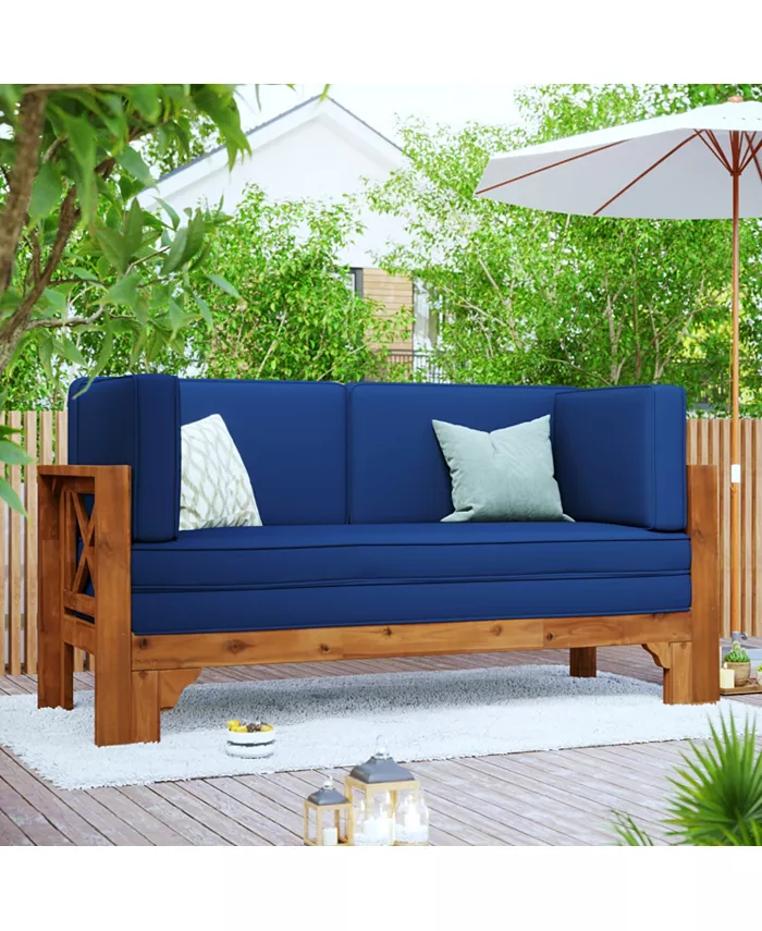 Simplie Fun Outdoor Patio Extendable Wooden Sofa Set Sectional Furniture Set with Thick Cushions for Balcony Backyard Poolside Brown Finish Blue Cushion