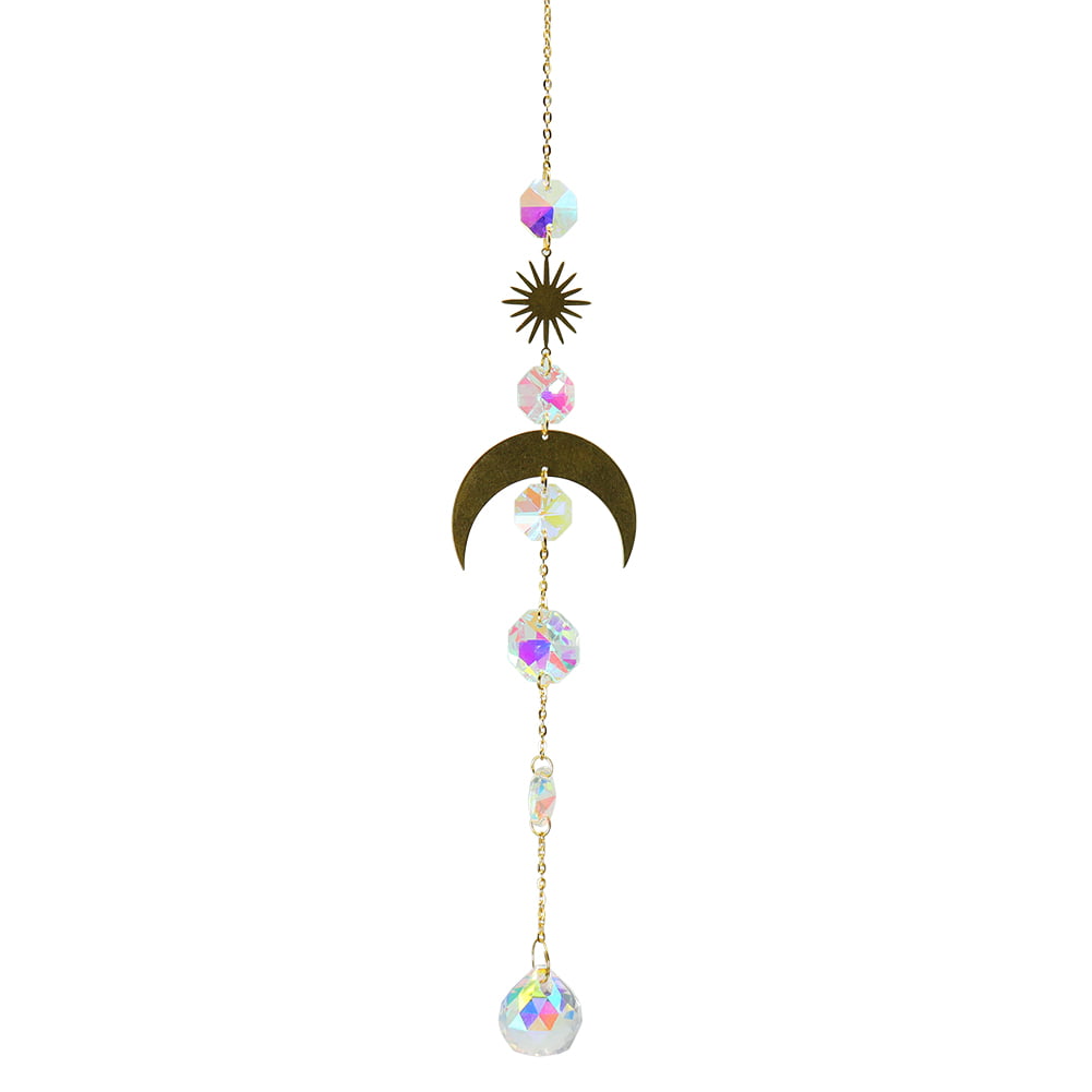 Yucurem Iron Hoop Moon Sun Crystal Pendant Wind Chime Hanging Drop Garden Decor (A)