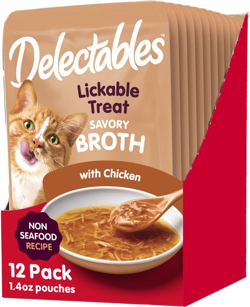 Hartz Delectables Savory Broths Non-Seafood Recipe and Chicken Grain-Free Lickable Cat Treats， 1.4-oz pouch， pack of 12