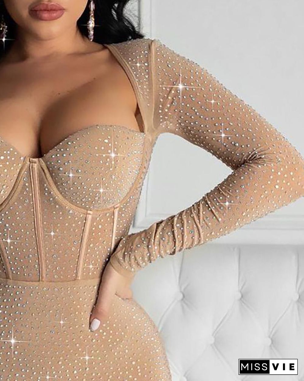 Studded Corset Long Sleeve Bodycon Dress P15625