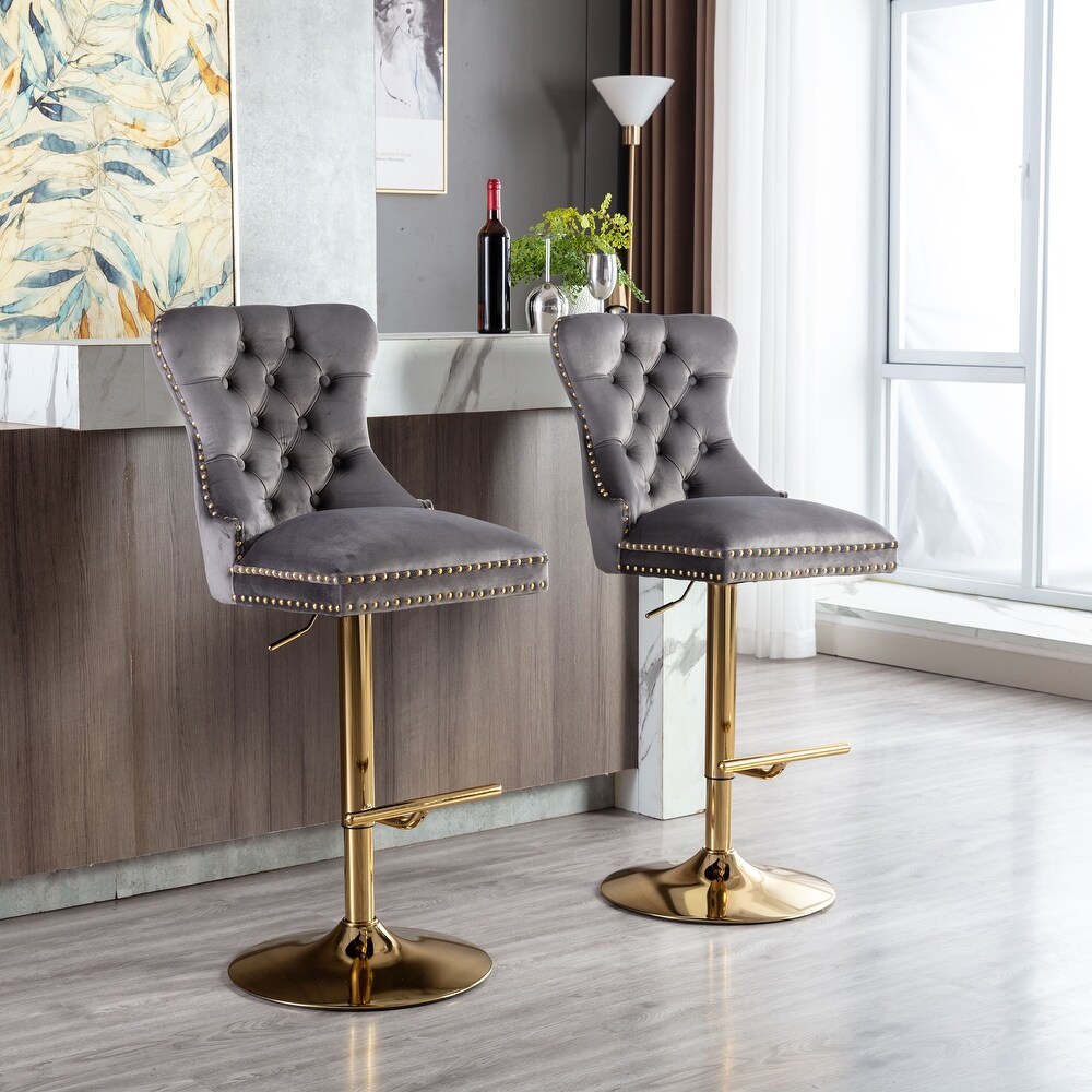 Upholstered Adjustable Swivel Barstools Tufted Bar Stools Set of 2