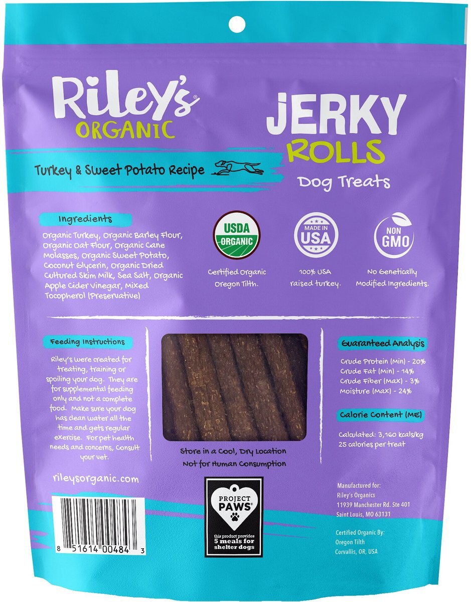 Riley's Organic Jerky Rolls Turkey and Sweet Potato Dog Treats， 5-oz pouch