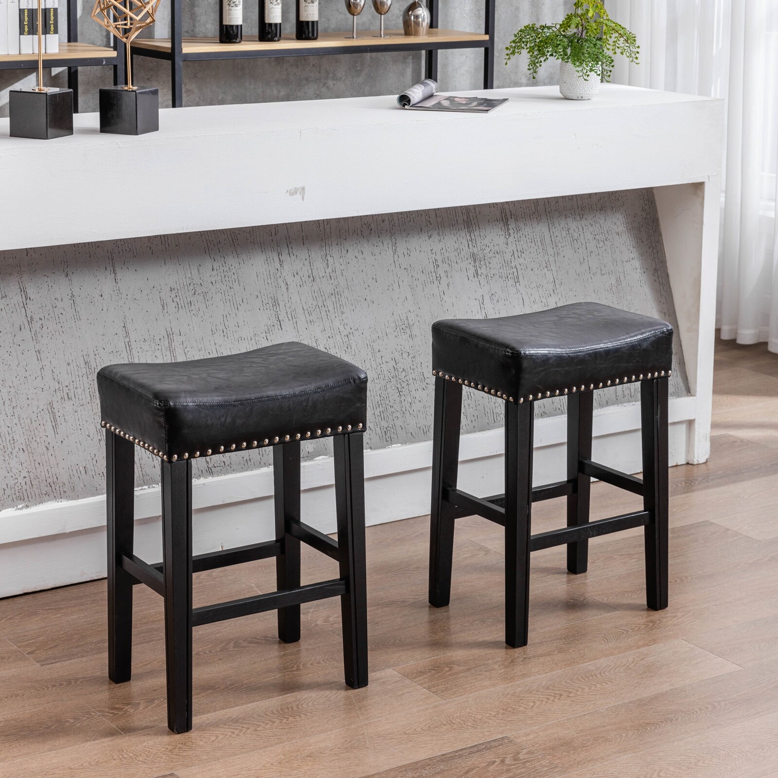 Modern Bar Stool Set of 2， No Back Artificial Leather Stool， Solid Wood Legs Sturdy and Stable for Bar Kitchen Counter