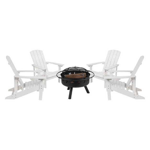 Flash Furniture 5 Piece Charlestown Poly Resin Wood Adirondack Chair Set With Fire Pit Star And Moon Fire Pit With Mesh Cover