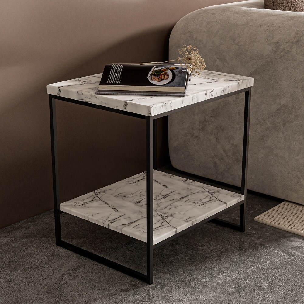 Roomfitters 2 Tier White Faux Marble Print End Table for Living Room