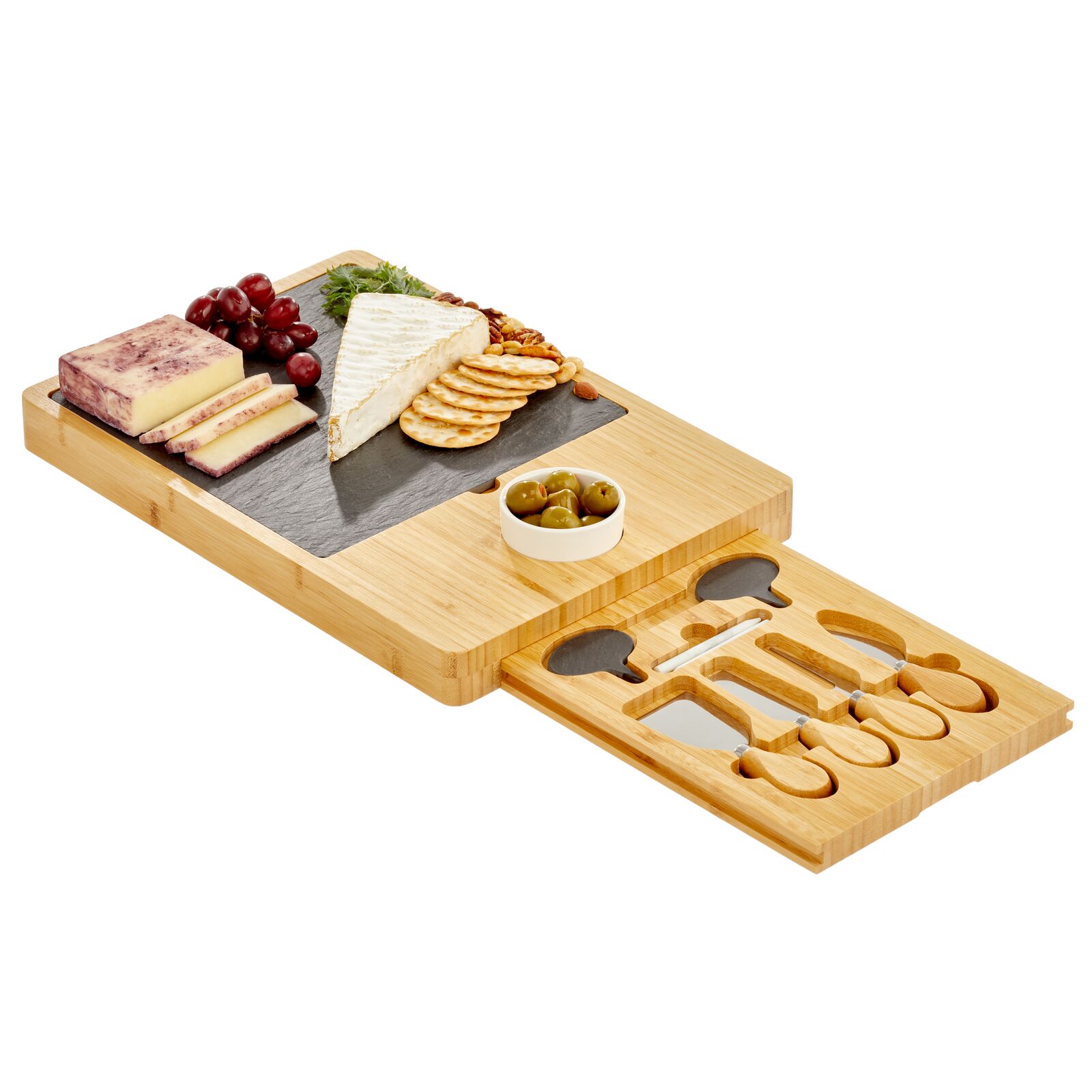 mDesign Serving Charcuterie Boards/Accessories - Wood and Slate Appetizer Holder Board with Cheese Knife Set， Ceramic Bowl， Chalk Pencils， and Label Flags - Natural Wood