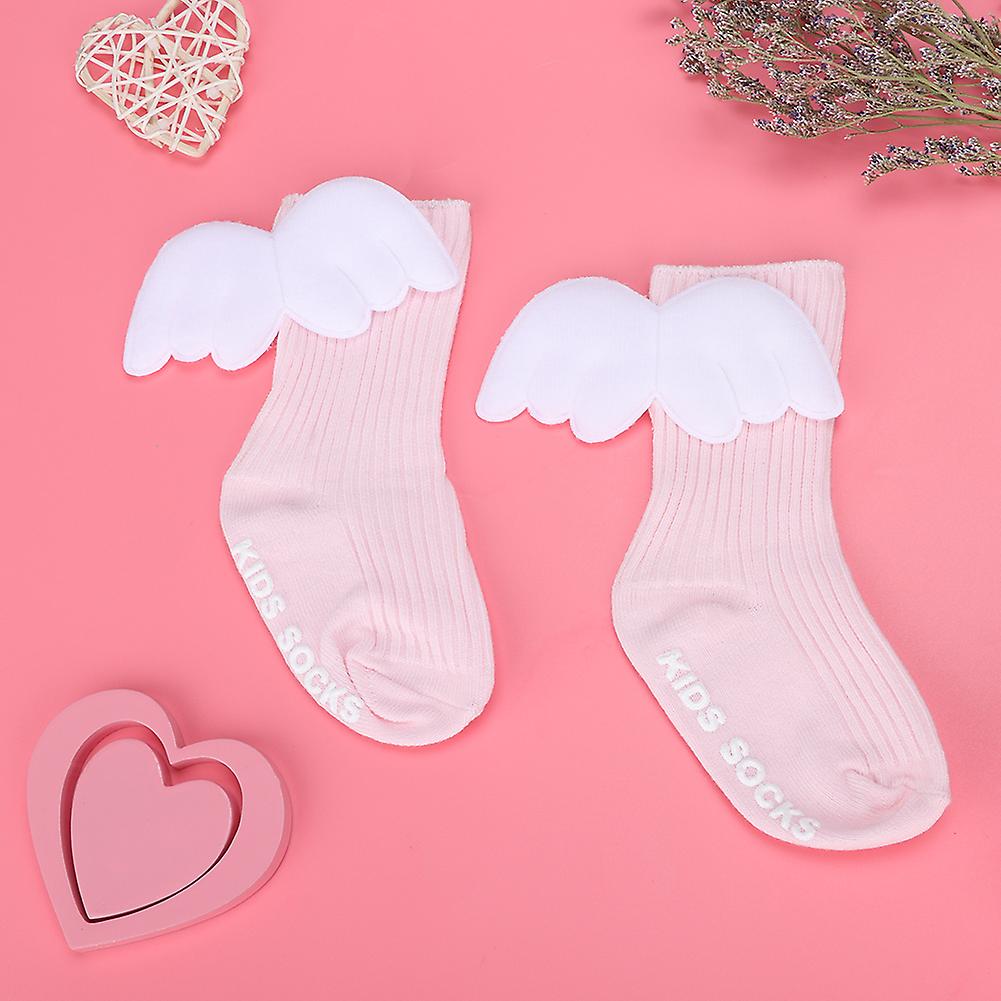 1 Pair Baby Girls Angel Wings Decor Ruffles Knee High Soft Leg Warmer Socks (pink S)