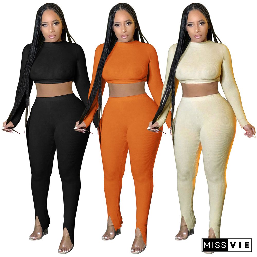 Autumn Women Fashion Solid Color Long Sleeve O-Neck Backless Crop Tops Pencil Pants 2 Piece Set