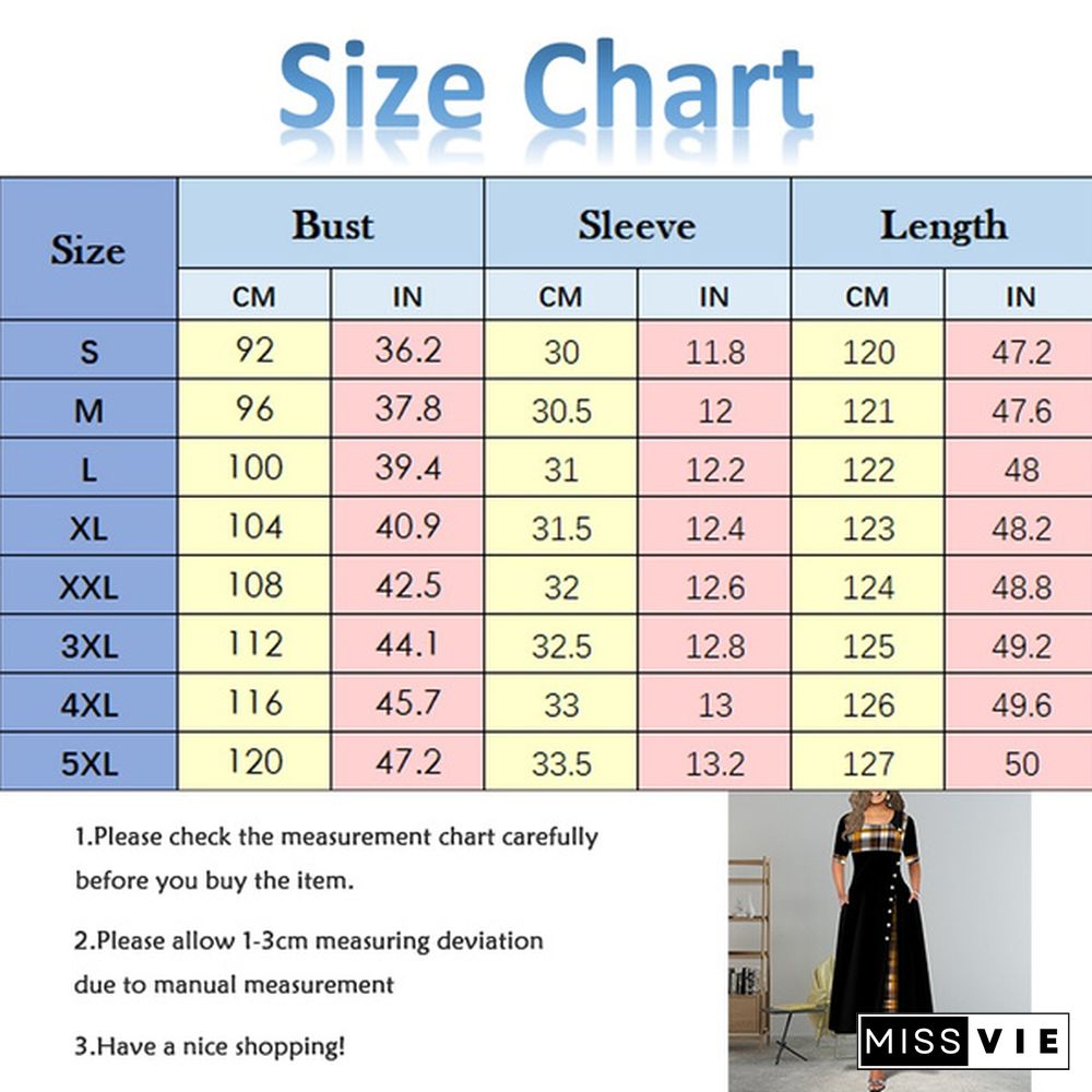 New Women Short Sleeve Plaid Print Elegant Dress Comfy Round Neck High Waist Long Skirt Retro Button Design Maxi Dress Daily Casual Dress Plus Size