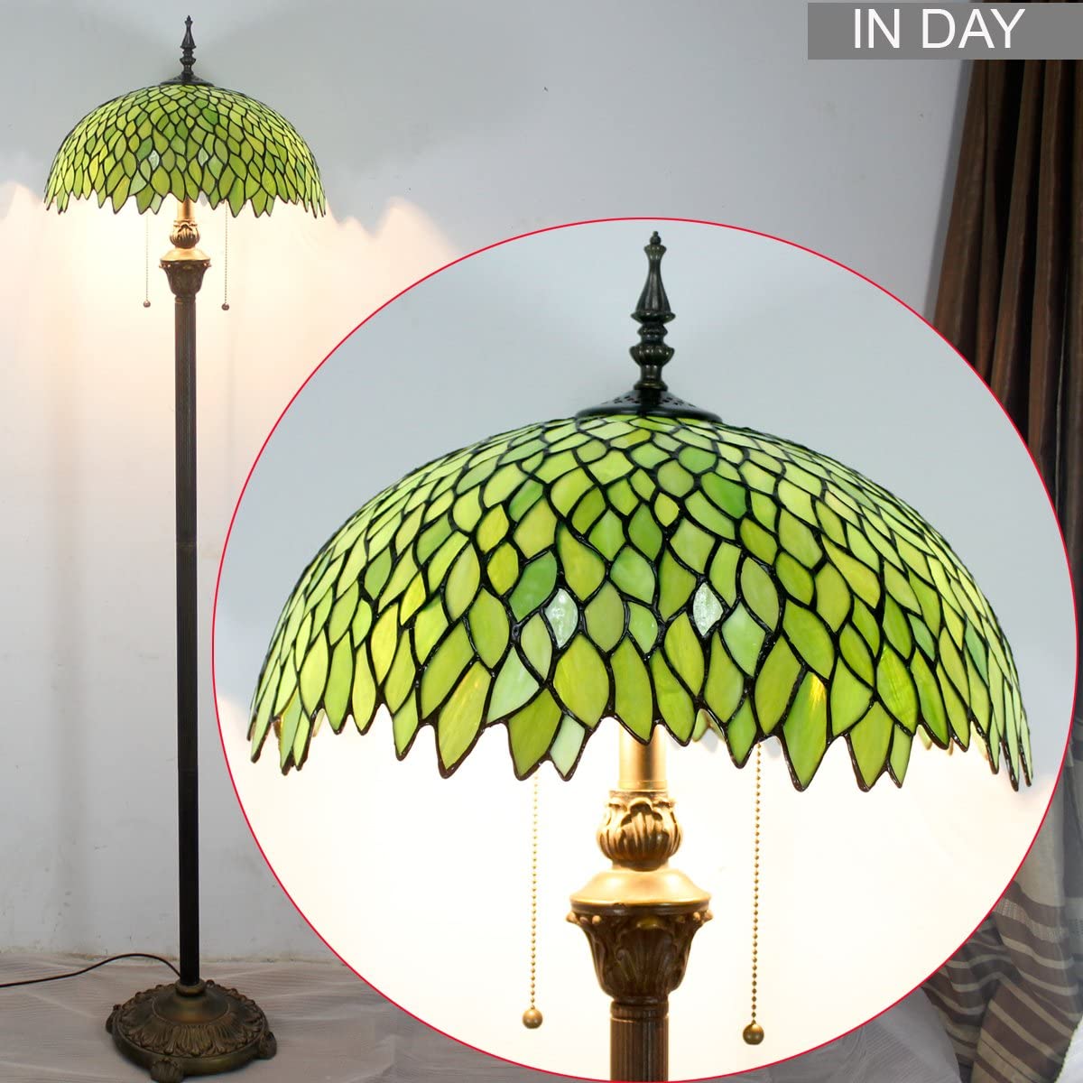 BBNBDMZ Tiffany Floor Lamp Green Wisteria Stained Glass Standing Reading Light 16X16X64 Inches Antique Style Pole Corner Lamp Decor Bedroom Living Room  Office S523 Series