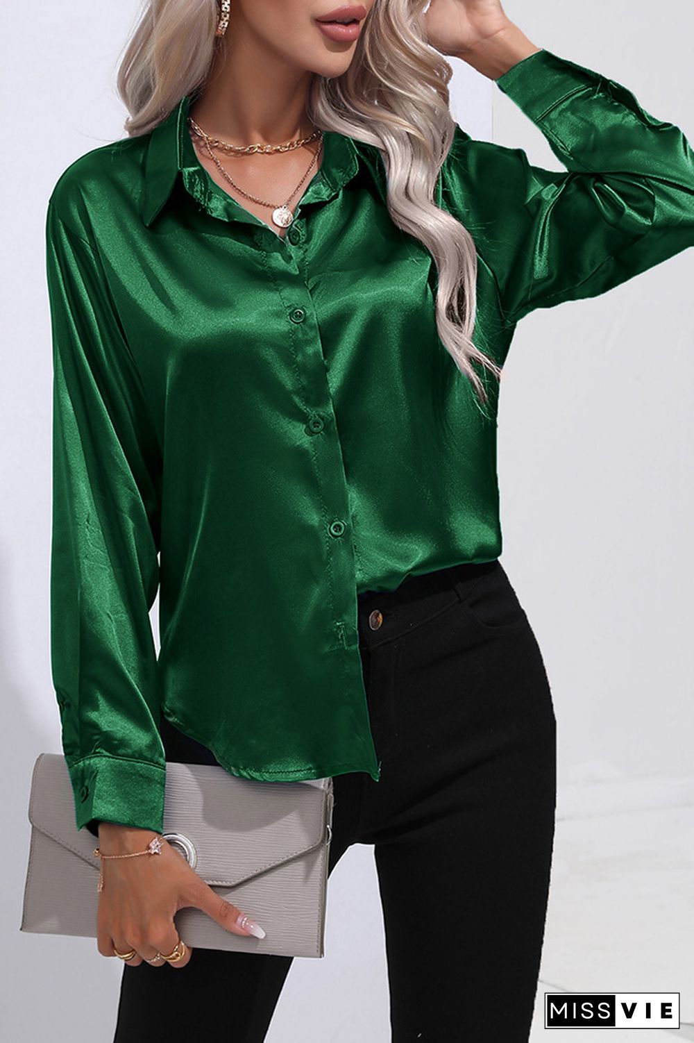 Plain Silky Open Button Long Sleeves Blouse Shirt