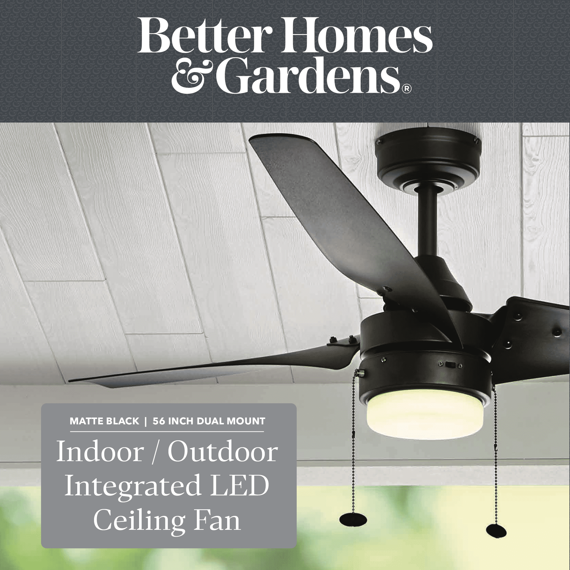 Better Homes and Gardens 56” Black Indoor/Outdoor Ceiling Fan with 3 Blades， Light Kit， Pull Chains and Reverse Airflow