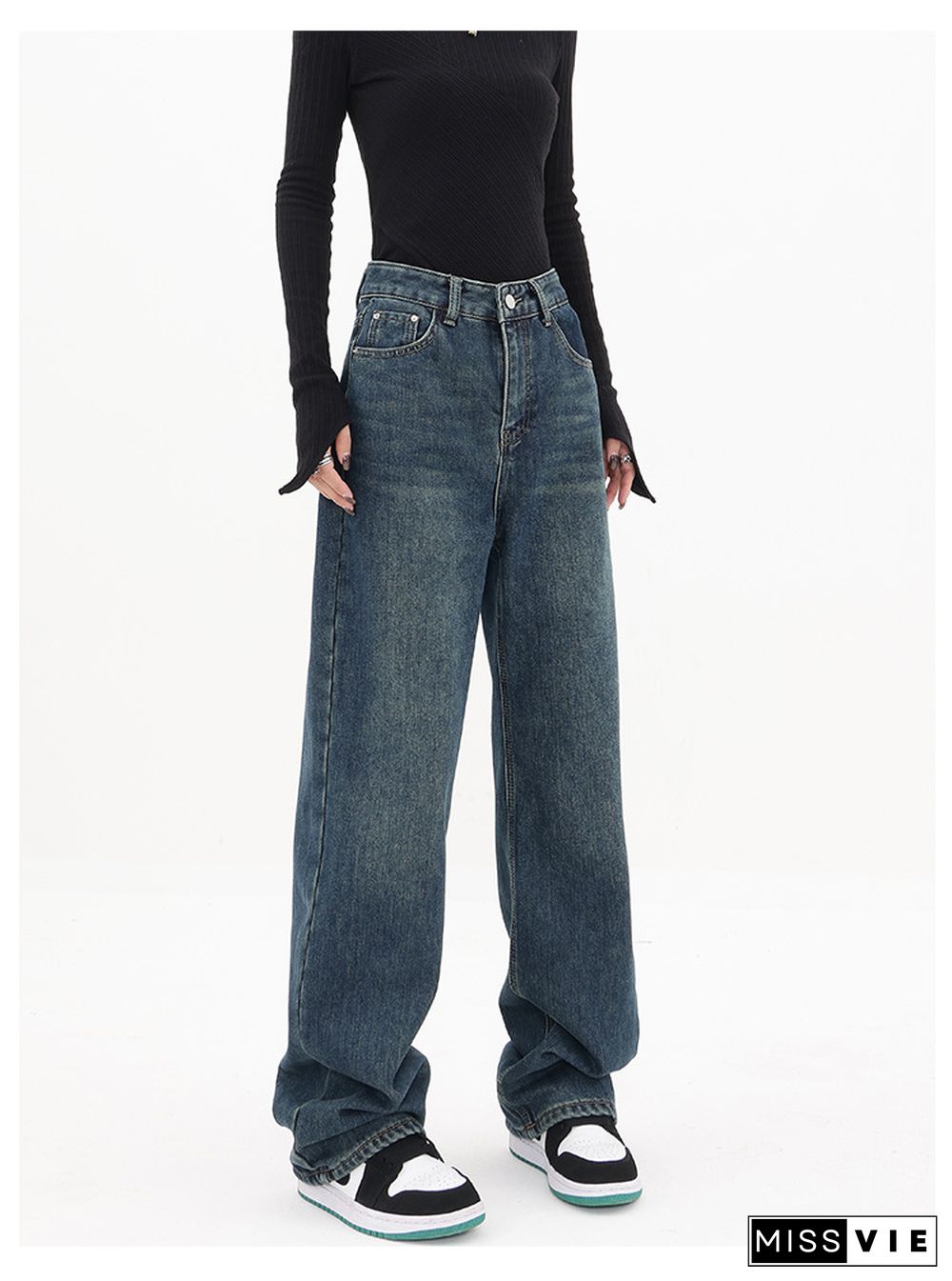 Casual Retro High Waist Straight Leg Jeans